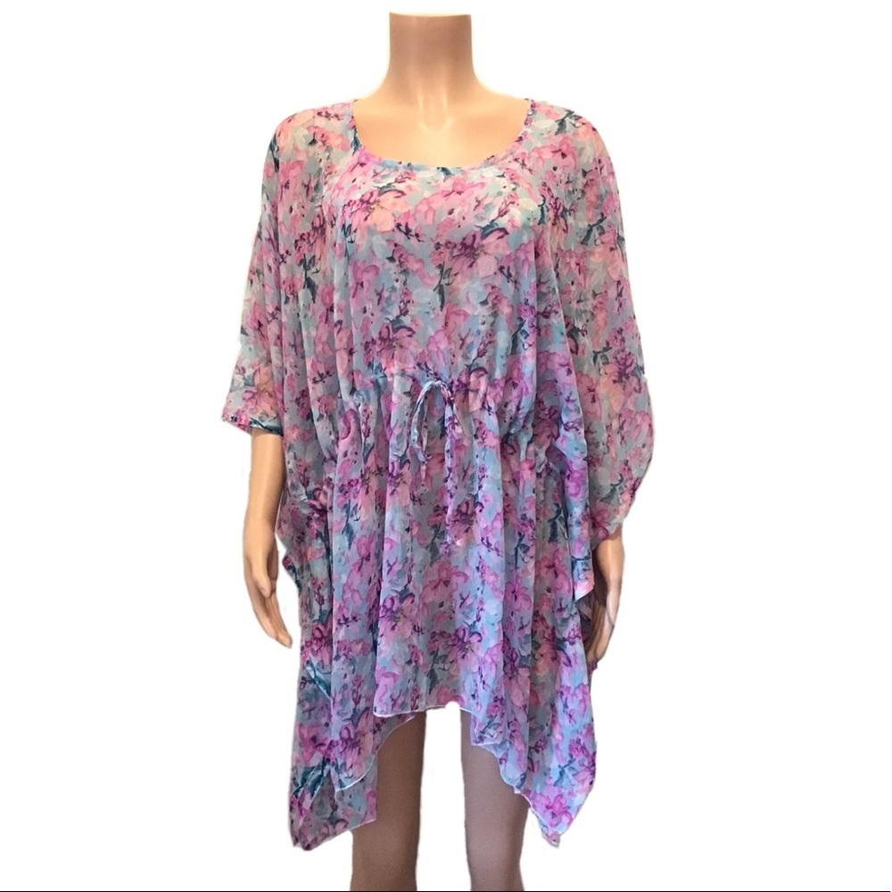California Woman Lavender Floral Print Kaftan Top Swimsuit Cover Up Free Size